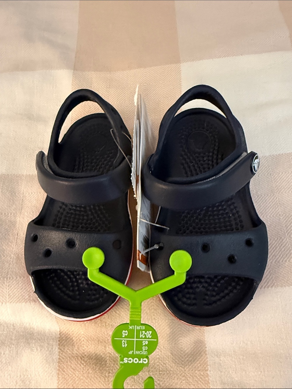 CROCS baby boys size C 5 Navy Blue Sandal Clogs with Green Tag Accent